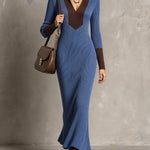 ElevenOra Chic Elegant Dark Blue-Coffee Colorblock Lapel V-Neck Long-Sleeve Slim-Fit Wool Blend Ribbed Knit Maxi Dress