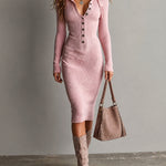 ElevenOra Chic Elegant Pink Button-Front Hooded Collar Long-Sleeve Slim-Fit Wool Blend Ribbed Knit Midi Dress