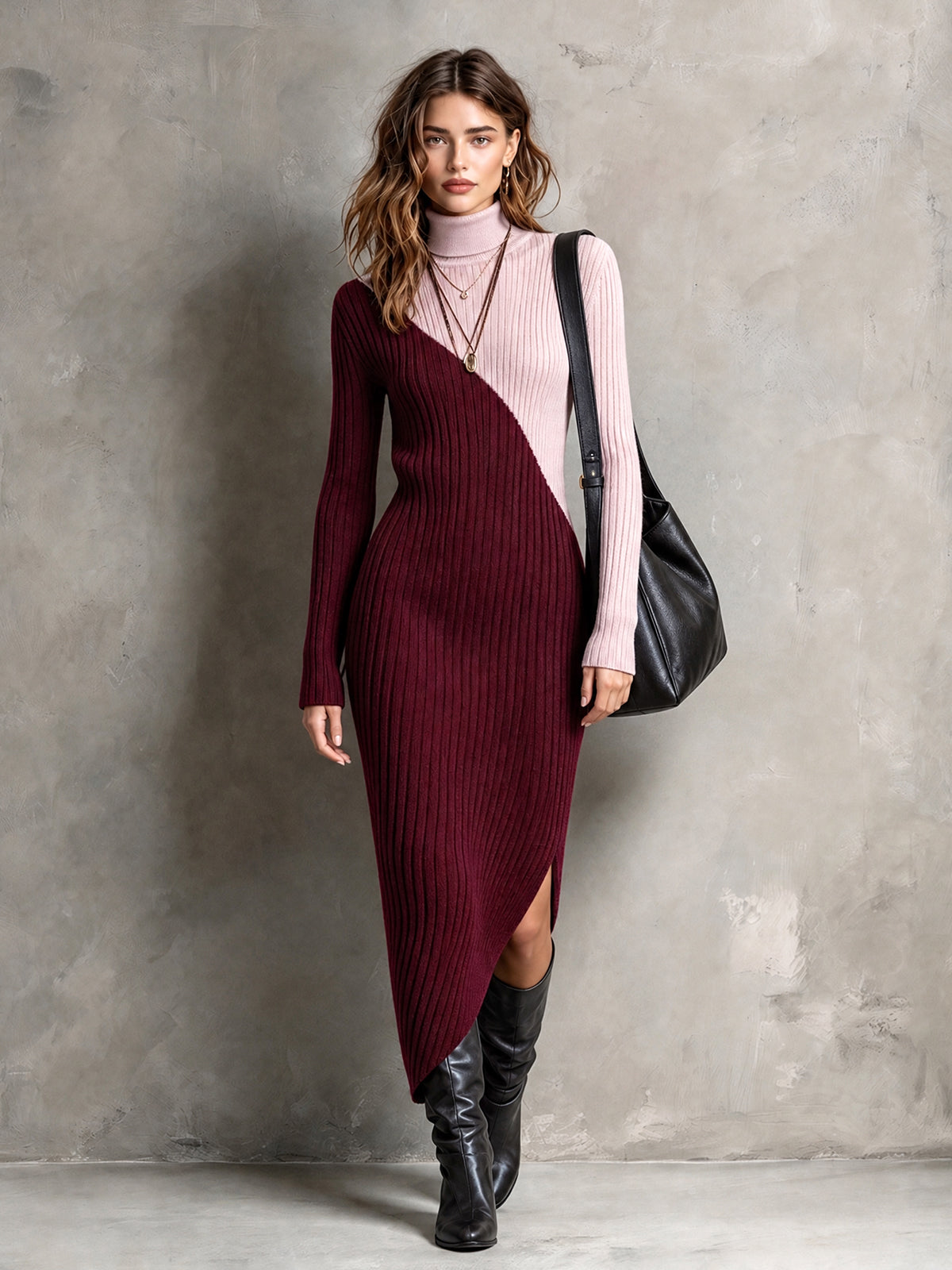 ElevenOra Chic Elegant Burgundy-Pink Colorblock Turtleneck Long-Sleeve Asymmetrical Hem Slim-Fit Wool Blend Ribbed Knit Maxi Dress
