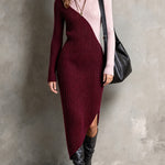 ElevenOra Chic Elegant Burgundy-Pink Colorblock Turtleneck Long-Sleeve Asymmetrical Hem Slim-Fit Wool Blend Ribbed Knit Maxi Dress