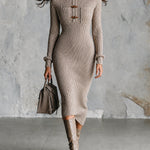 ElevenOra Chic Elegant Gray Stand Collar Toggle Buttons Detail Long-Sleeve Patch Pockets Slim-Fit Wool Blend Ribbed Knit Midi Dress