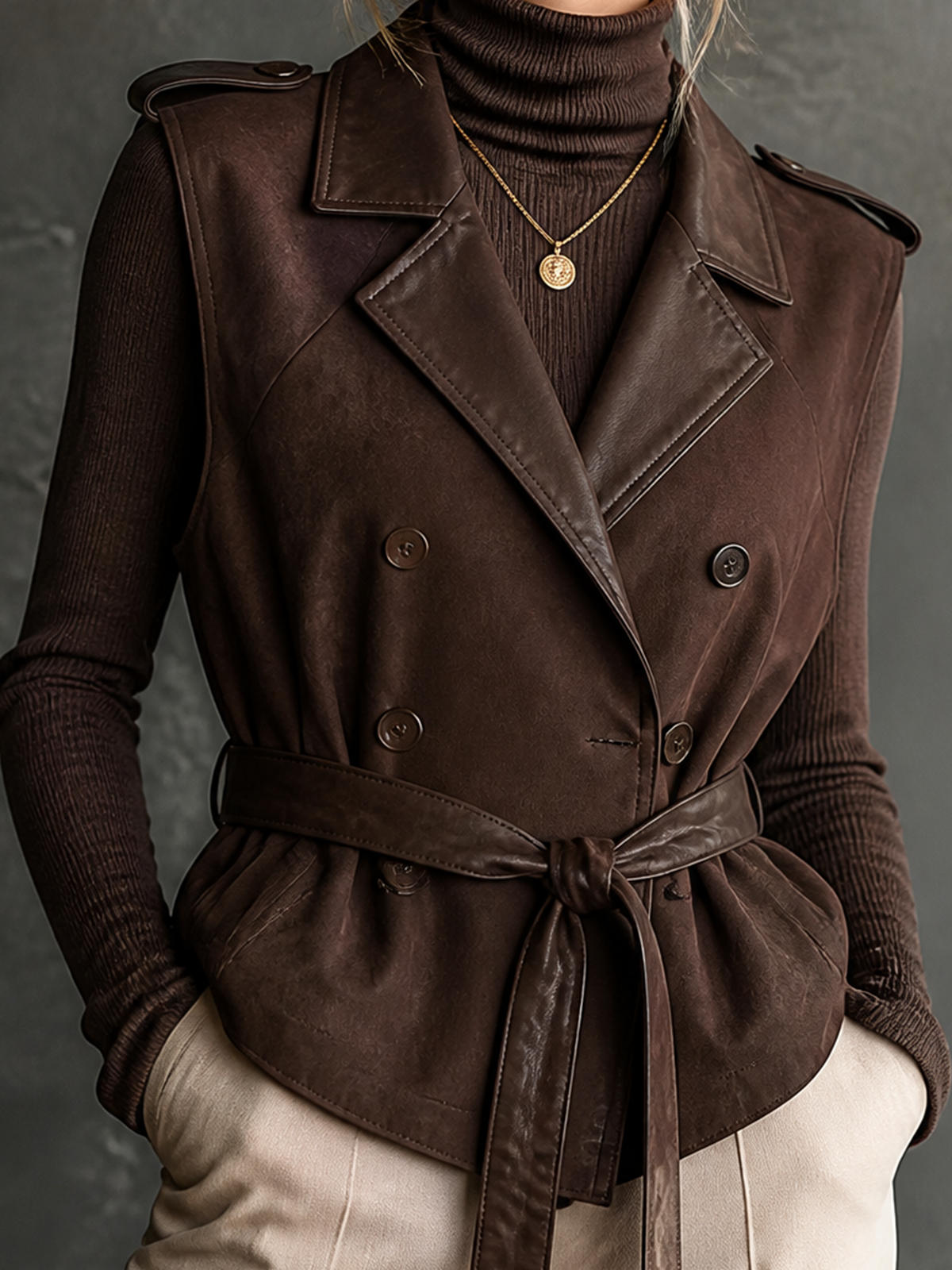 ElevenOra Chic Casual Brown Notched Lapel Collar Faux Leather Contrast Double Breasted Sleeveless Waist Belt Slim-Fit Suede Vest