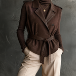 ElevenOra Chic Casual Brown Notched Lapel Collar Faux Leather Contrast Double Breasted Sleeveless Waist Belt Slim-Fit Suede Vest