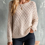 ElevenOra Chic Elegant Oatmeal Round Neck Dropped-Shoulder Long-Sleeve Hollow-Out Detail Loose-Fit Knit Sweater
