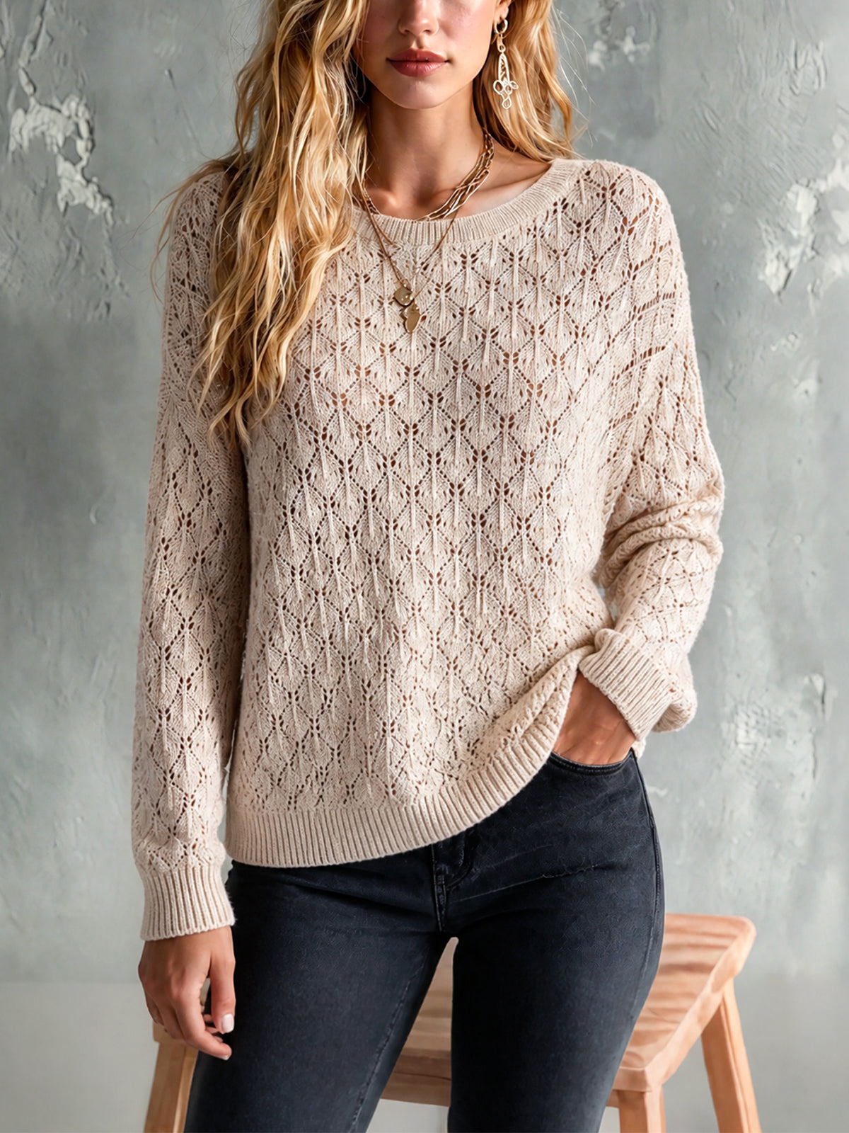ElevenOra Chic Elegant Oatmeal Round Neck Dropped-Shoulder Long-Sleeve Hollow-Out Detail Loose-Fit Knit Sweater