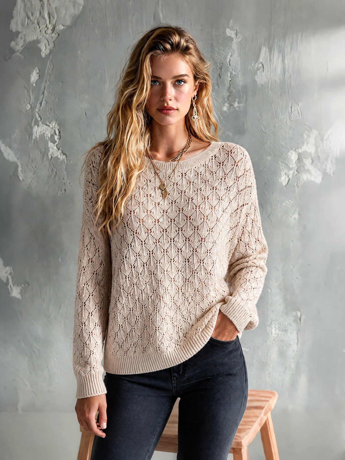 ElevenOra Chic Elegant Oatmeal Round Neck Dropped-Shoulder Long-Sleeve Hollow-Out Detail Loose-Fit Knit Sweater