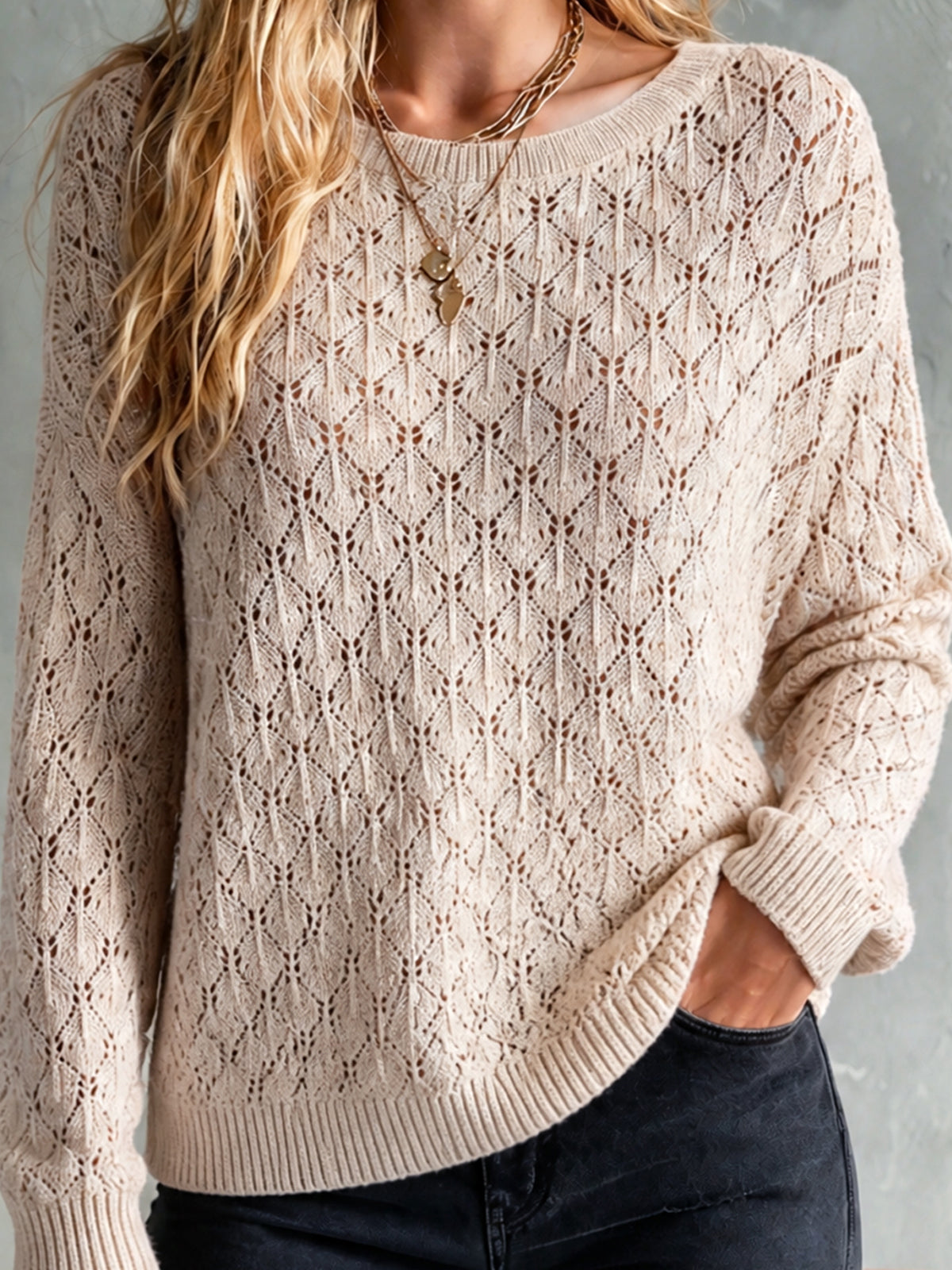 ElevenOra Chic Elegant Oatmeal Round Neck Dropped-Shoulder Long-Sleeve Hollow-Out Detail Loose-Fit Knit Sweater