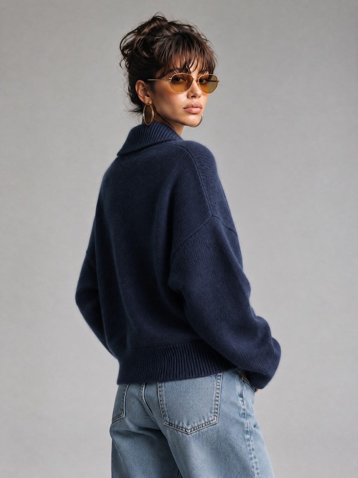 ElevenOra Chic Elegant Dark Blue Shawl Collar Dropped-Shoulder Long-Sleeve Loose-Fit Mohair Blend Knit Sweater