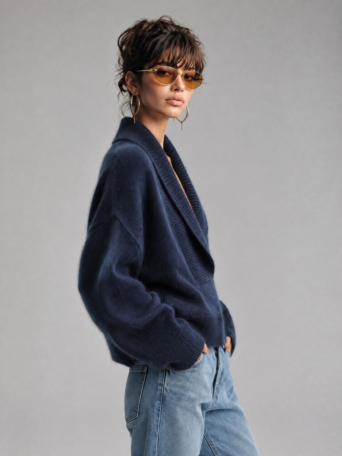 ElevenOra Chic Elegant Dark Blue Shawl Collar Dropped-Shoulder Long-Sleeve Loose-Fit Mohair Blend Knit Sweater