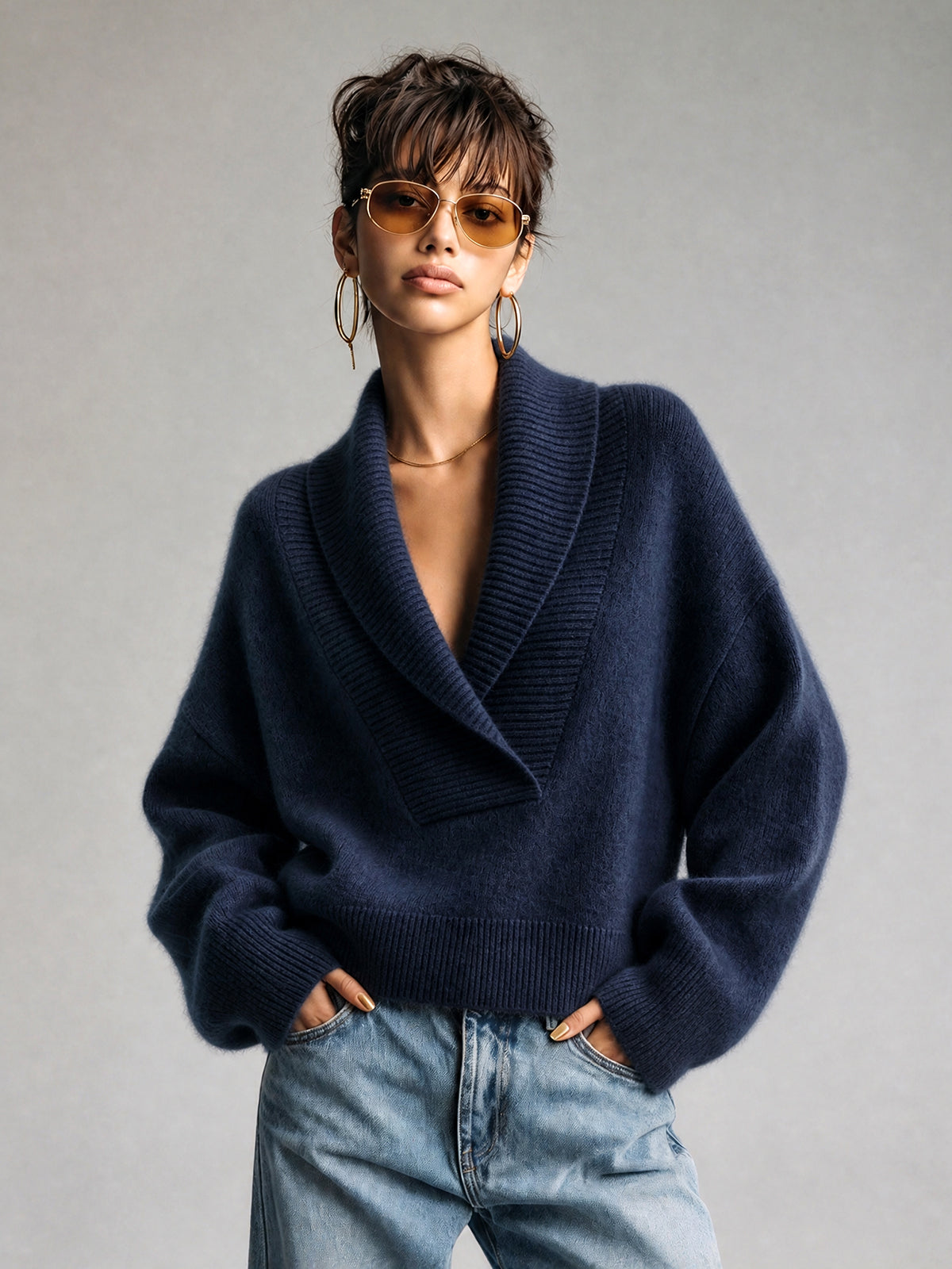 ElevenOra Chic Elegant Dark Blue Shawl Collar Dropped-Shoulder Long-Sleeve Loose-Fit Mohair Blend Knit Sweater