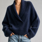 ElevenOra Chic Elegant Dark Blue Shawl Collar Dropped-Shoulder Long-Sleeve Loose-Fit Mohair Blend Knit Sweater
