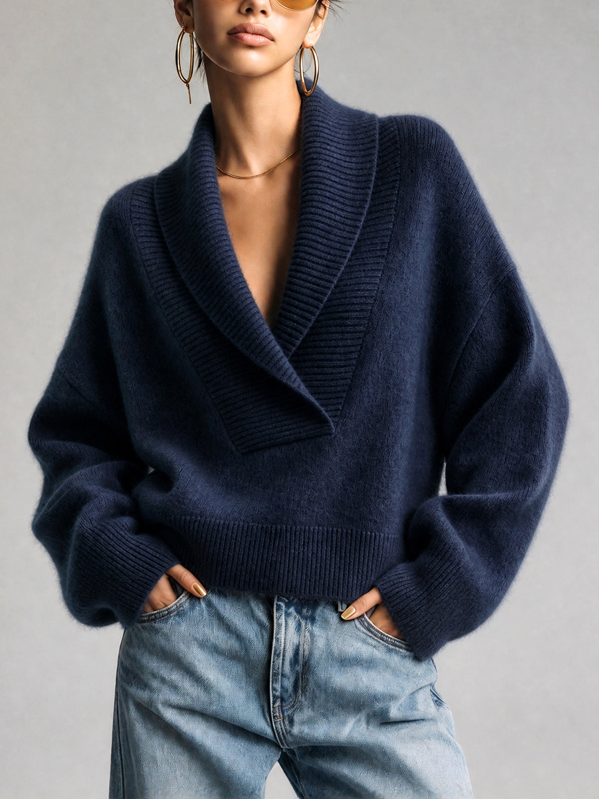 ElevenOra Chic Elegant Dark Blue Shawl Collar Dropped-Shoulder Long-Sleeve Loose-Fit Mohair Blend Knit Sweater