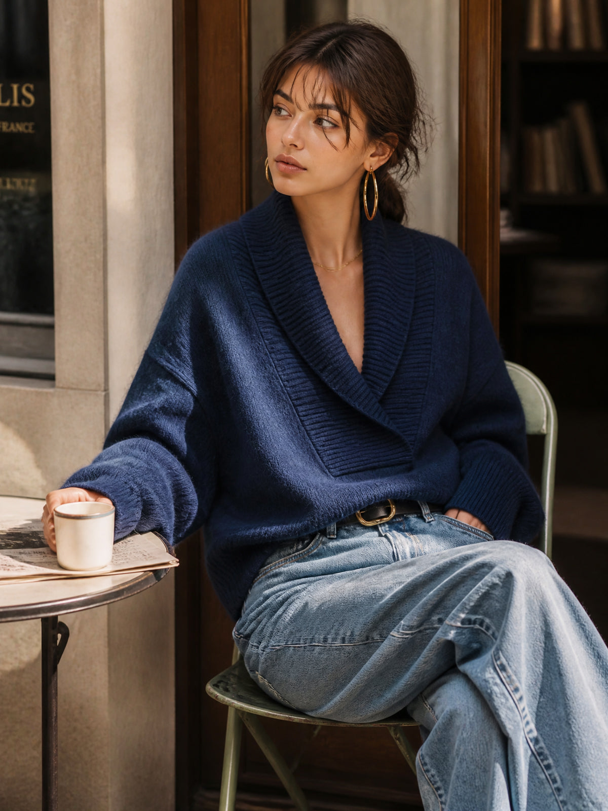 ElevenOra Chic Elegant Dark Blue Shawl Collar Dropped-Shoulder Long-Sleeve Loose-Fit Mohair Blend Knit Sweater