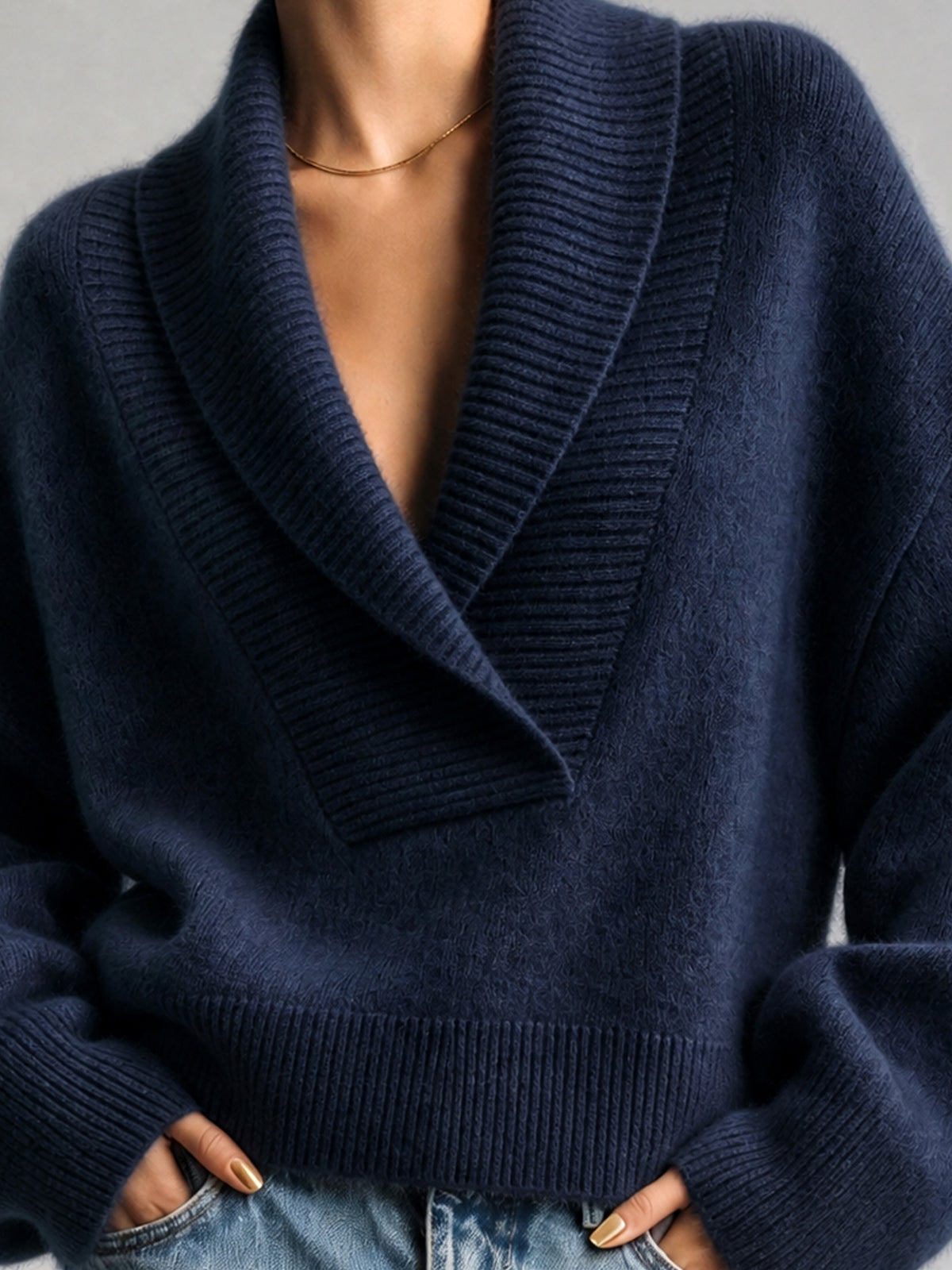 ElevenOra Chic Elegant Dark Blue Shawl Collar Dropped-Shoulder Long-Sleeve Loose-Fit Mohair Blend Knit Sweater