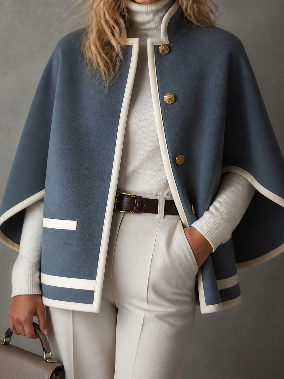 ElevenOra Chic Elegant Dusty Blue Stand Collar Single-Breasted Contrast Trim Loose-Fit Wool Blend Cape Coat