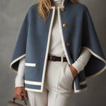ElevenOra Chic Elegant Dusty Blue Stand Collar Single-Breasted Contrast Trim Loose-Fit Wool Blend Cape Coat