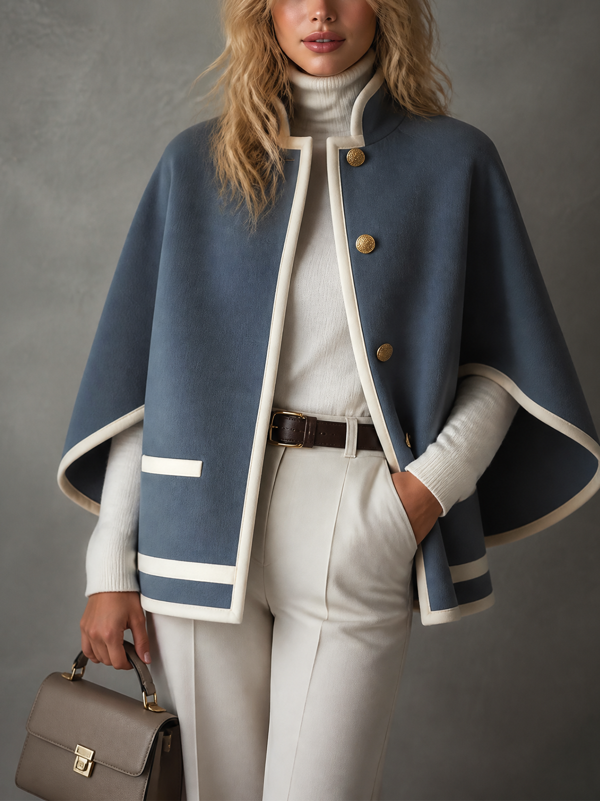 ElevenOra Chic Elegant Dusty Blue Stand Collar Single-Breasted Contrast Trim Loose-Fit Wool Blend Cape Coat