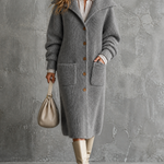 ElevenOra Chic Casual Gray Lapel Collar Single-Breasted Long-Sleeve Patch Pockets Loose-Fit Chunky Knit Midi Cardigan