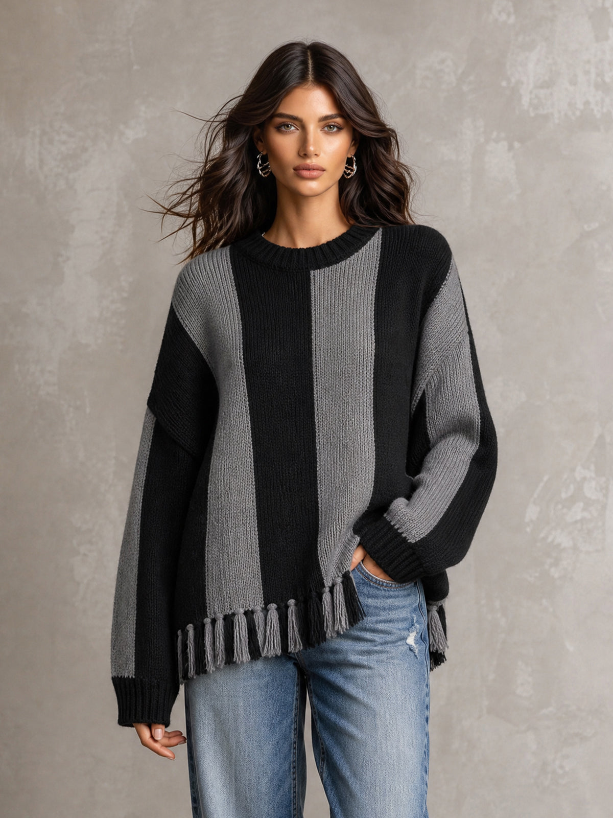 ElevenOra Chic Casual Gray-Black Colorblock Round-Neck Long-Sleeve Fringe Detail Loose-Fit Wool Blend Knit Sweater