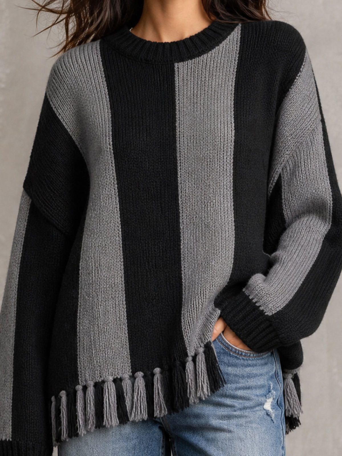 ElevenOra Chic Casual Gray-Black Colorblock Round-Neck Long-Sleeve Fringe Detail Loose-Fit Wool Blend Knit Sweater
