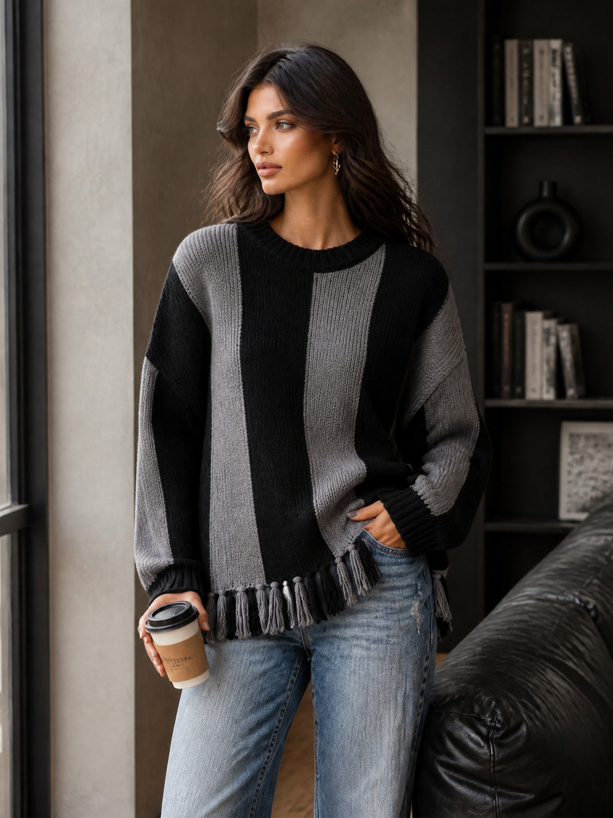 ElevenOra Chic Casual Gray-Black Colorblock Round-Neck Long-Sleeve Fringe Detail Loose-Fit Wool Blend Knit Sweater