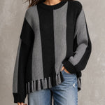 ElevenOra Chic Casual Gray-Black Colorblock Round-Neck Long-Sleeve Fringe Detail Loose-Fit Wool Blend Knit Sweater