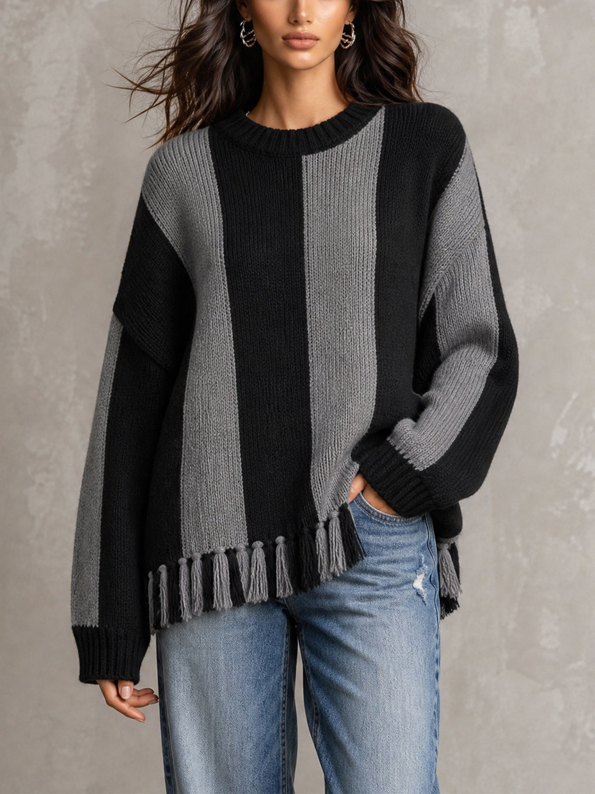 ElevenOra Chic Casual Gray-Black Colorblock Round-Neck Long-Sleeve Fringe Detail Loose-Fit Wool Blend Knit Sweater