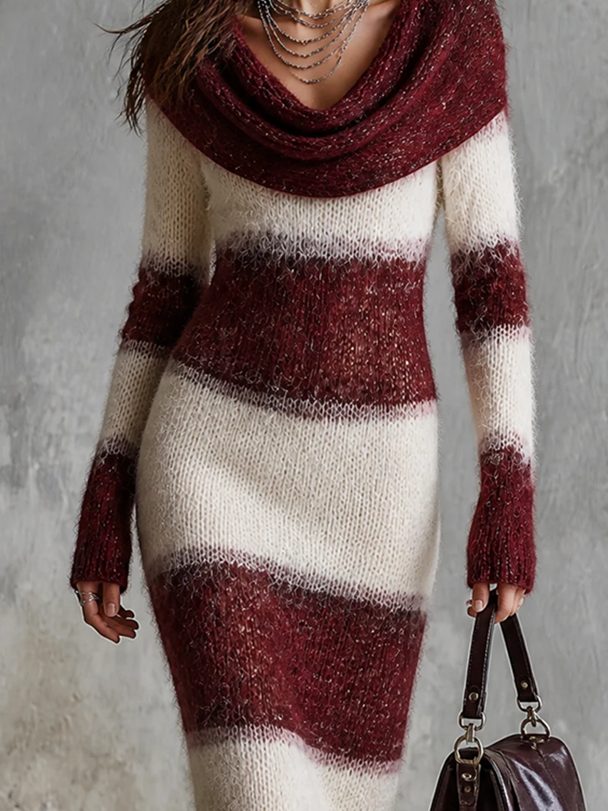 ElevenOra Chic Elegant White-Burgundy Stripes Cowl Neck Long-Sleeve Slim-Fit Fuzzy Mohair Blend Knit Midi Dress