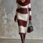 ElevenOra Chic Elegant White-Burgundy Stripes Cowl Neck Long-Sleeve Slim-Fit Fuzzy Mohair Blend Knit Midi Dress