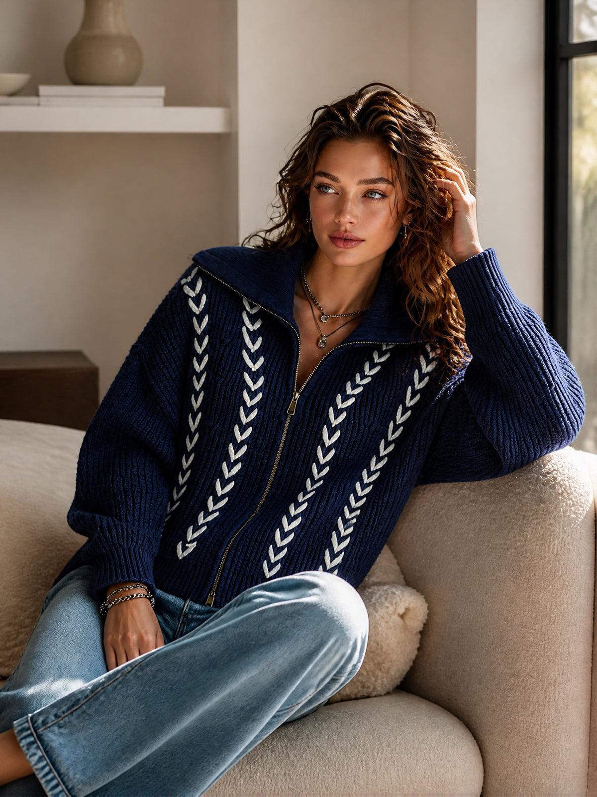 ElevenOra Chic Casual Navy Blue Lapel Collar Long-Sleeve White Trim Detail Zipper-Front Loose-Fit Wool Blend Knit Cardigan