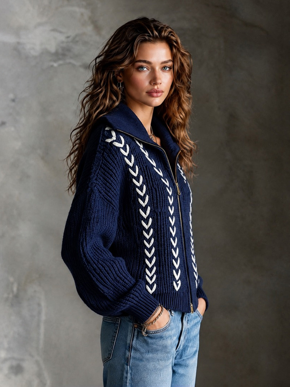 ElevenOra Chic Casual Navy Blue Lapel Collar Long-Sleeve White Trim Detail Zipper-Front Loose-Fit Wool Blend Knit Cardigan