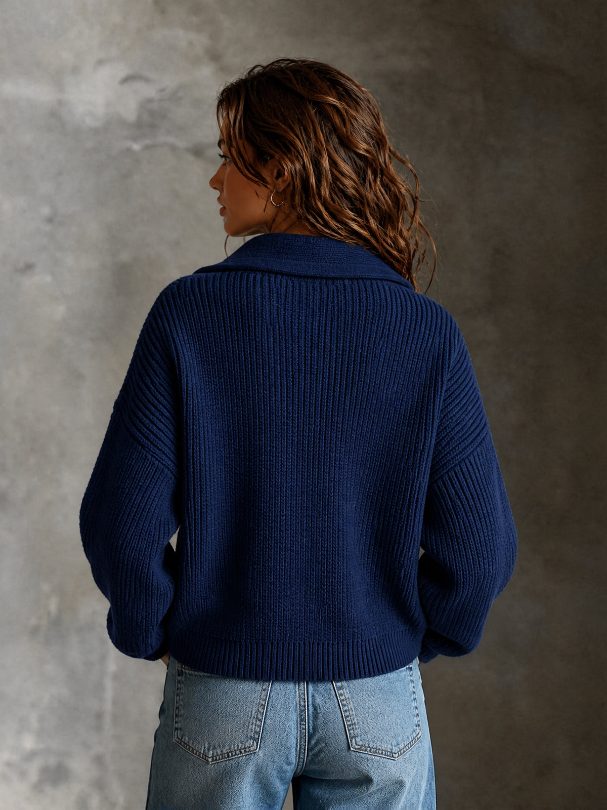 ElevenOra Chic Casual Navy Blue Lapel Collar Long-Sleeve White Trim Detail Zipper-Front Loose-Fit Wool Blend Knit Cardigan