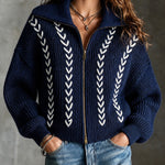 ElevenOra Chic Casual Navy Blue Lapel Collar Long-Sleeve White Trim Detail Zipper-Front Loose-Fit Wool Blend Knit Cardigan