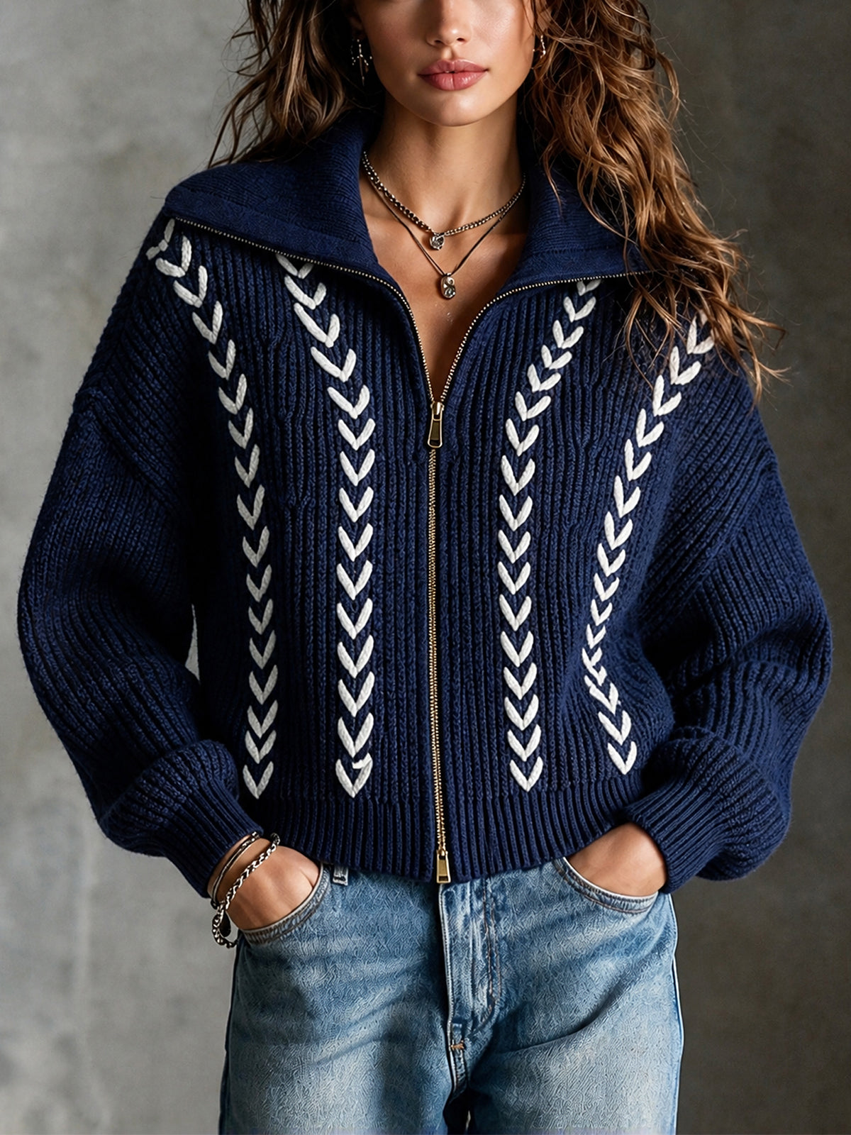 ElevenOra Chic Casual Navy Blue Lapel Collar Long-Sleeve White Trim Detail Zipper-Front Loose-Fit Wool Blend Knit Cardigan
