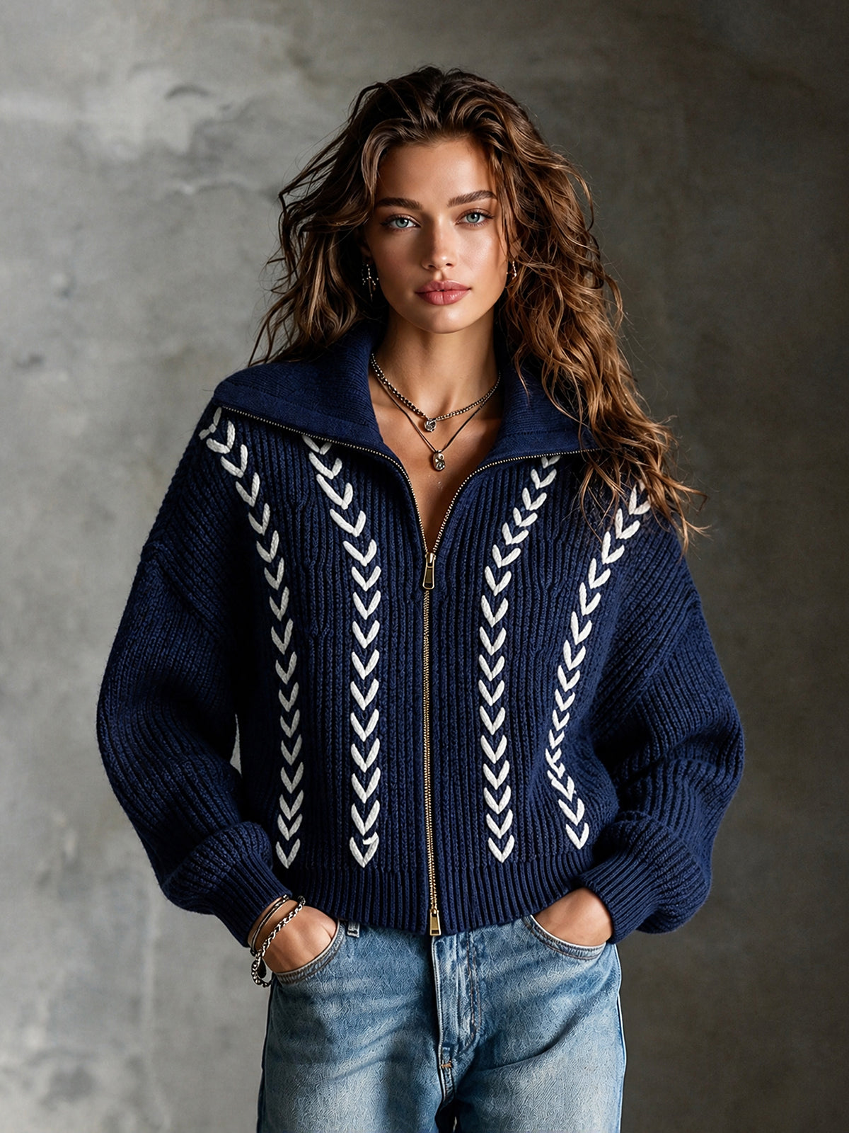 ElevenOra Chic Casual Navy Blue Lapel Collar Long-Sleeve White Trim Detail Zipper-Front Loose-Fit Wool Blend Knit Cardigan