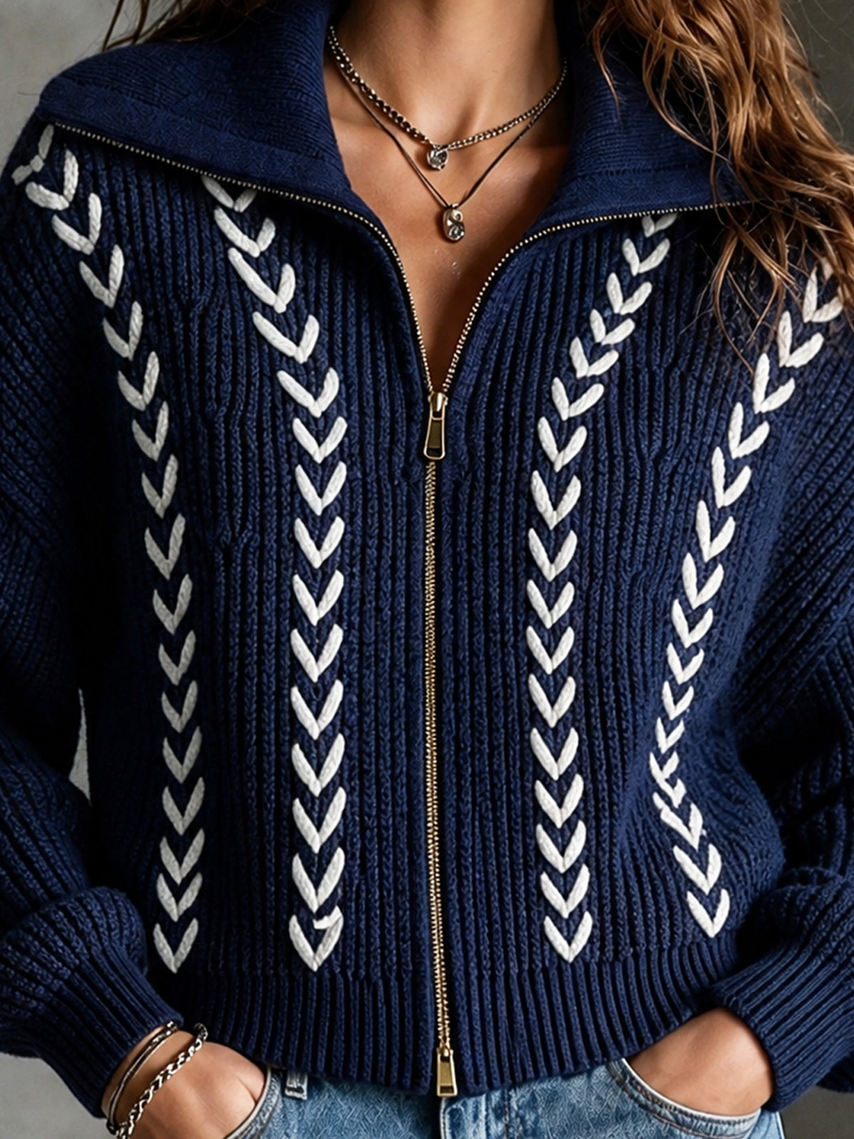 ElevenOra Chic Casual Navy Blue Lapel Collar Long-Sleeve White Trim Detail Zipper-Front Loose-Fit Wool Blend Knit Cardigan