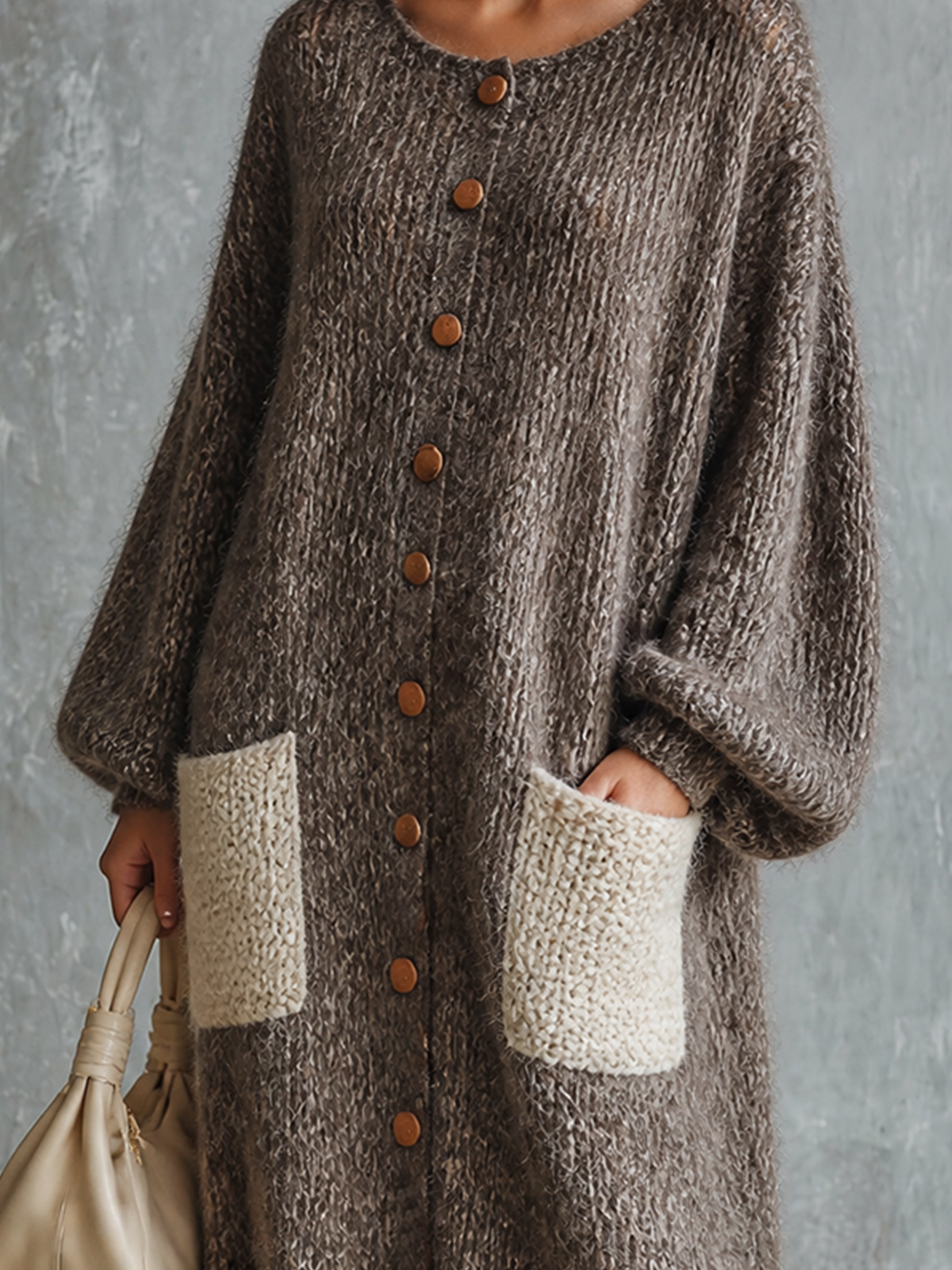 ElevenOra Chic Casual Heather Taupe Round Neck Single-Breasted Long-Sleeve Contrast Patch Pockets Loose-Fit Fuzzy Knit Midi Dress