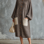 ElevenOra Chic Casual Heather Taupe Round Neck Single-Breasted Long-Sleeve Contrast Patch Pockets Loose-Fit Fuzzy Knit Midi Dress
