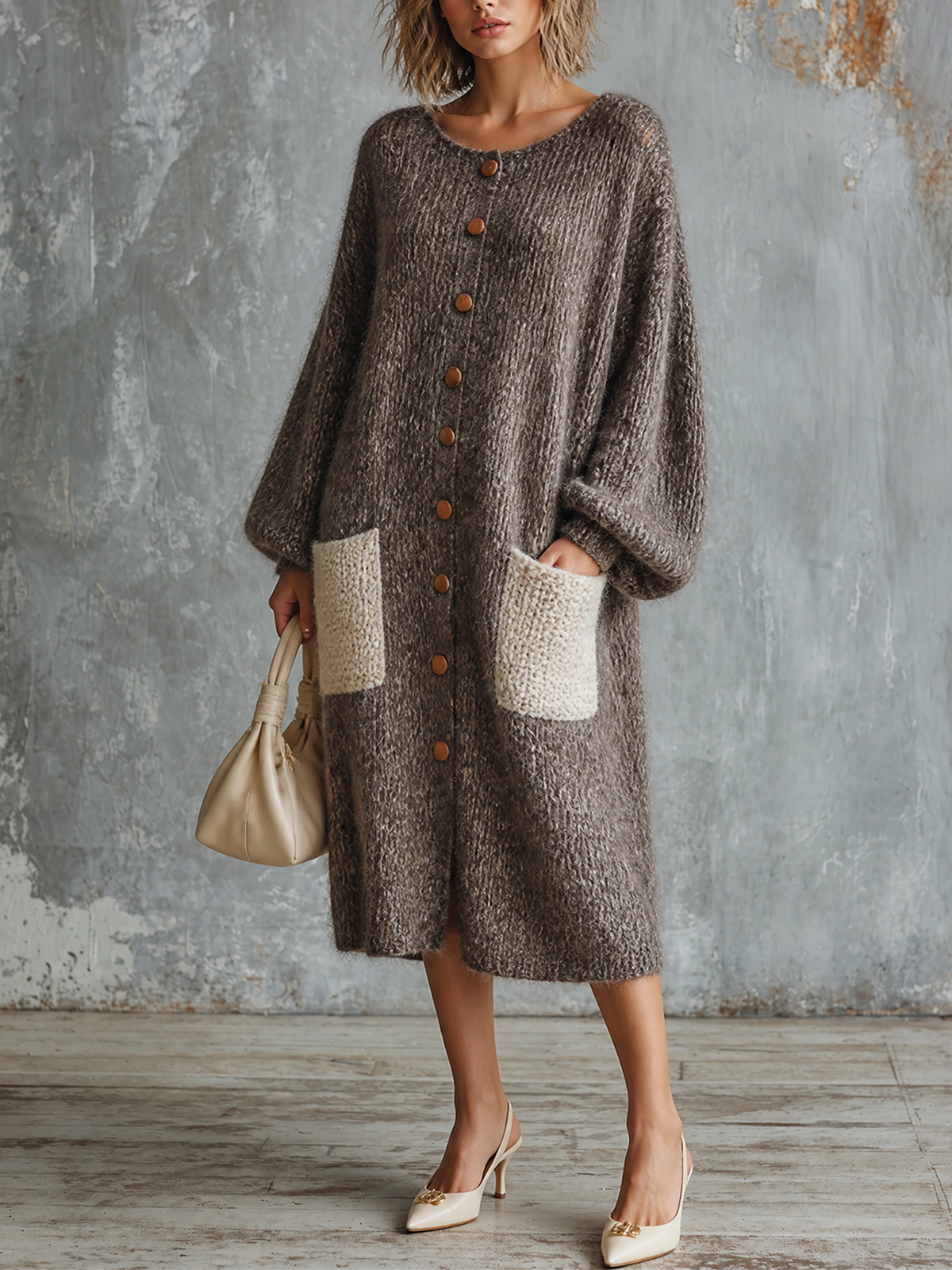 ElevenOra Chic Casual Heather Taupe Round Neck Single-Breasted Long-Sleeve Contrast Patch Pockets Loose-Fit Fuzzy Knit Midi Dress