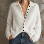 ElevenOra Chic Casual White Lapel Collar Single-Breasted Long-Sleeve Loose-Fit Fuzzy Mohair Blend Knit Cardigan