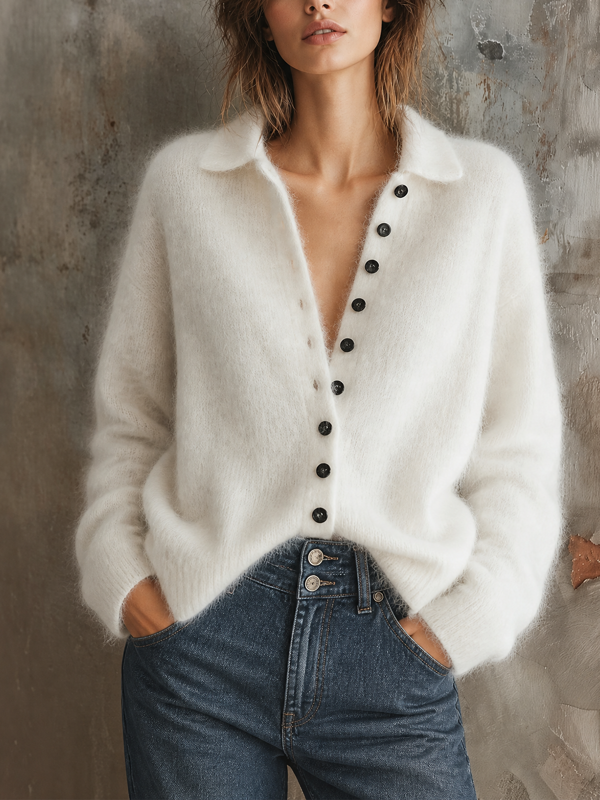 ElevenOra Chic Casual White Lapel Collar Single-Breasted Long-Sleeve Loose-Fit Fuzzy Mohair Blend Knit Cardigan