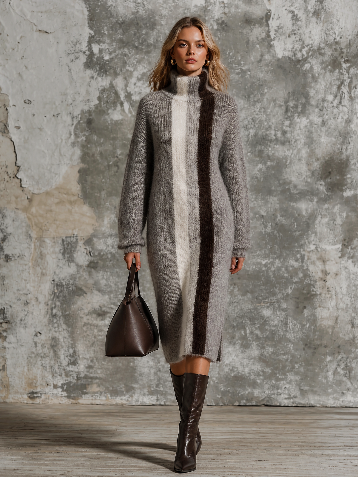 ElevenOra Chic Elegant Heather Grey Turtleneck Contrast Trim Stripes Long-Sleeve Loose-Fit Fuzzy Knit Midi Dress