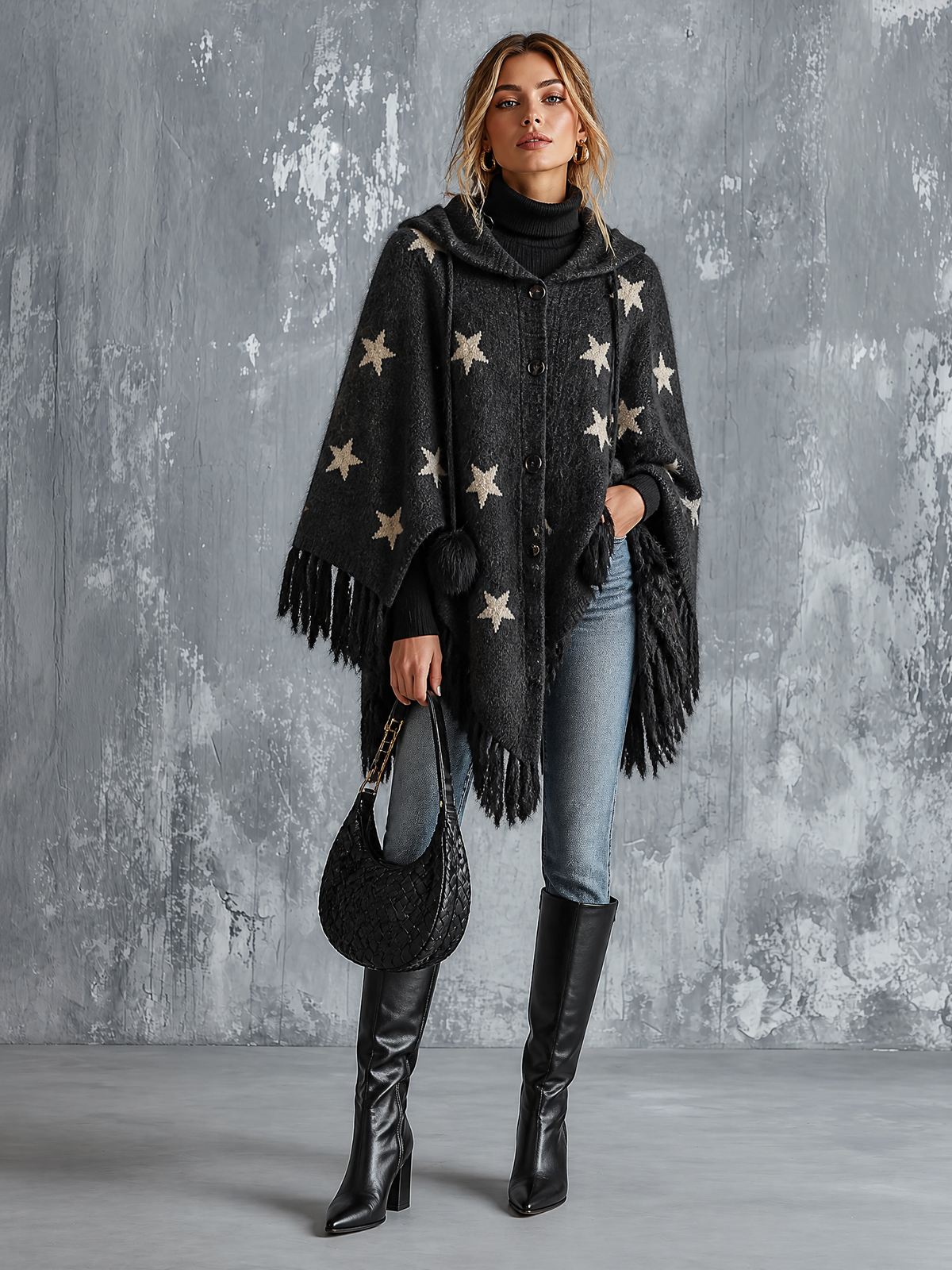 ElevenOra Chic Casual Charcoal Black Hooded Star Jacquard Single-Breasted Batwing Sleeve Fringe Hem Loose-Fit Knit Cape Cardigan