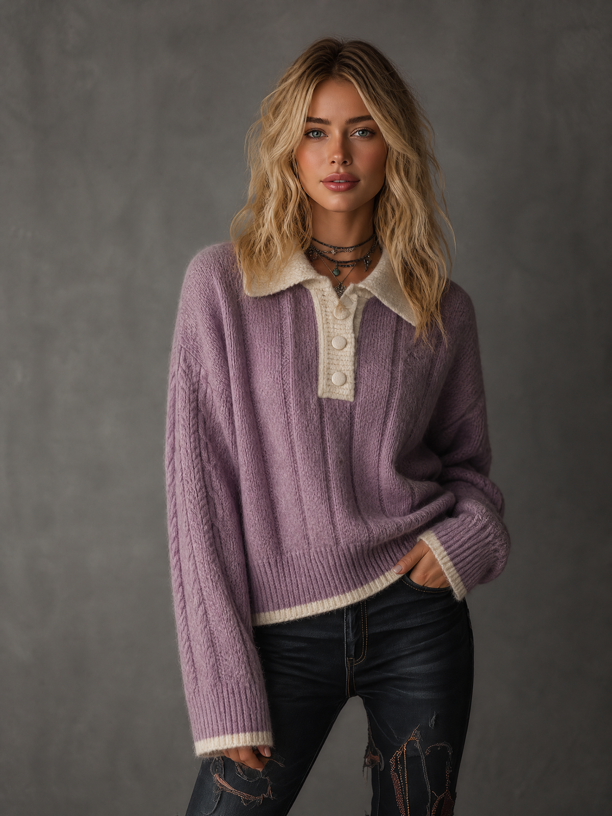ElevenOra Chic Casual Lavender Lapel Collar Half Button Cream Contrast Trim Drop Shoulder Long Sleeve Loose-Fit Knit Sweater