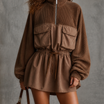 ElevenOra Chic Casual Brown Stand Collar Half Zip Raglan Long Sleeve Patch Pocket Drawstring Waist Loose-Fit Woven Fabric Mini Dress