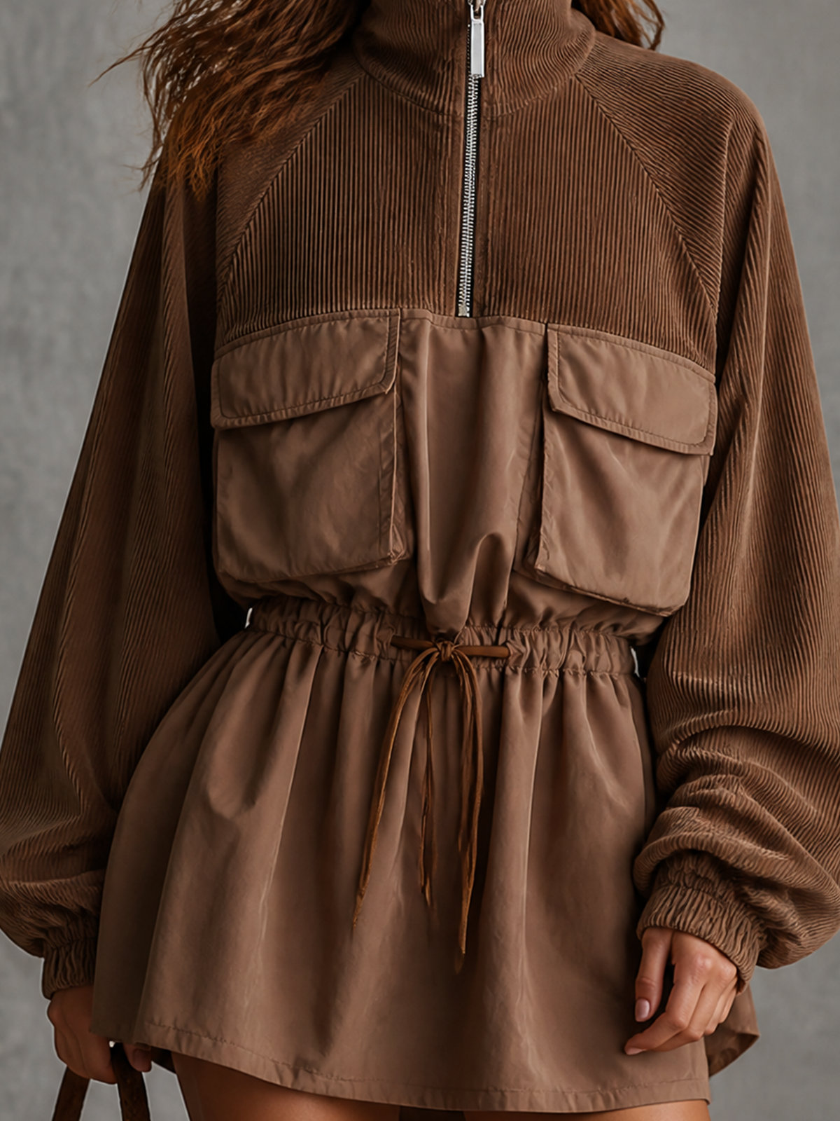 ElevenOra Chic Casual Brown Stand Collar Half Zip Raglan Long Sleeve Patch Pocket Drawstring Waist Loose-Fit Woven Fabric Mini Dress
