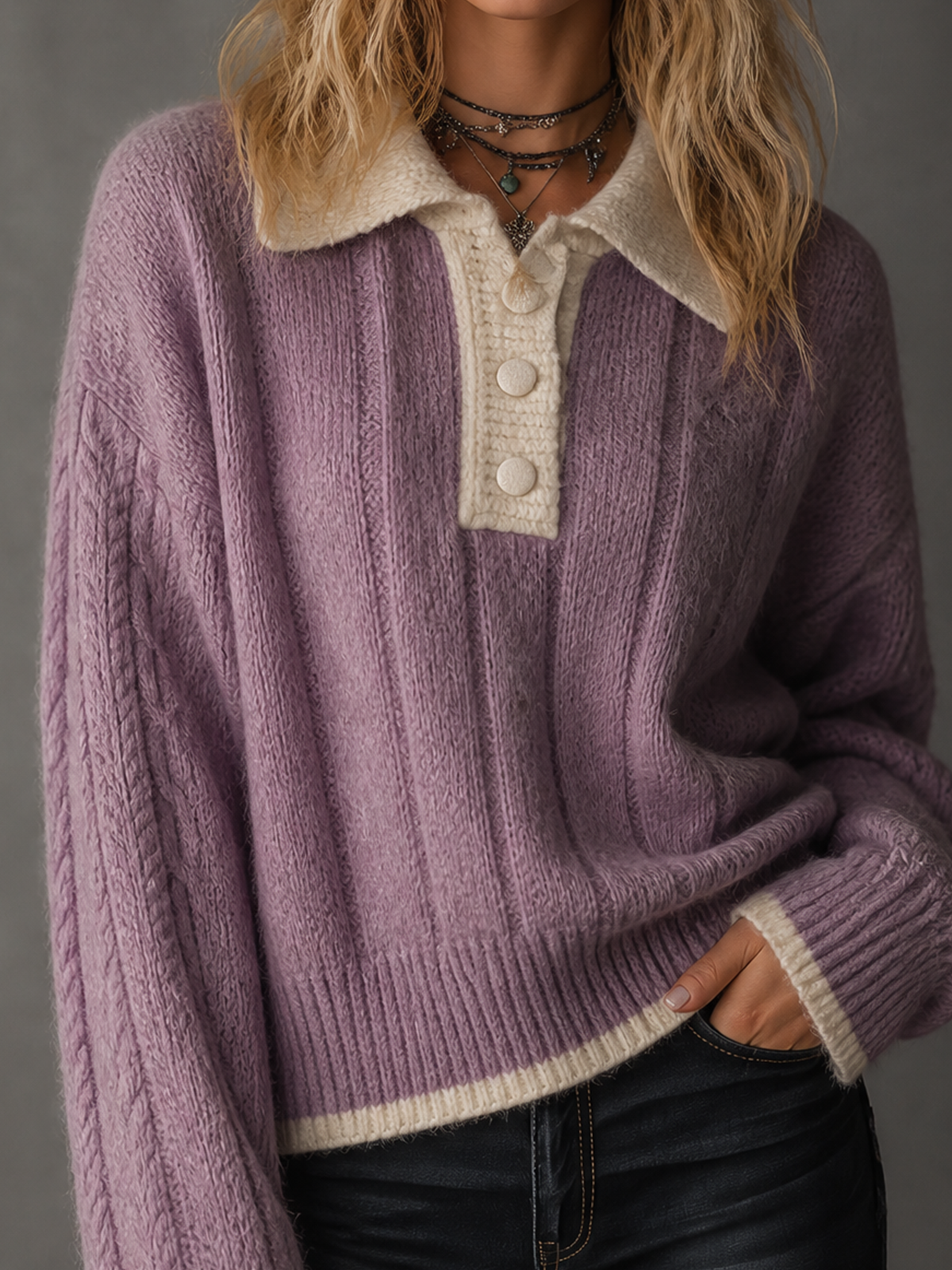 ElevenOra Chic Casual Lavender Lapel Collar Half Button Cream Contrast Trim Drop Shoulder Long Sleeve Loose-Fit Knit Sweater