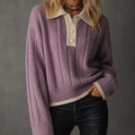 ElevenOra Chic Casual Lavender Lapel Collar Half Button Cream Contrast Trim Drop Shoulder Long Sleeve Loose-Fit Knit Sweater