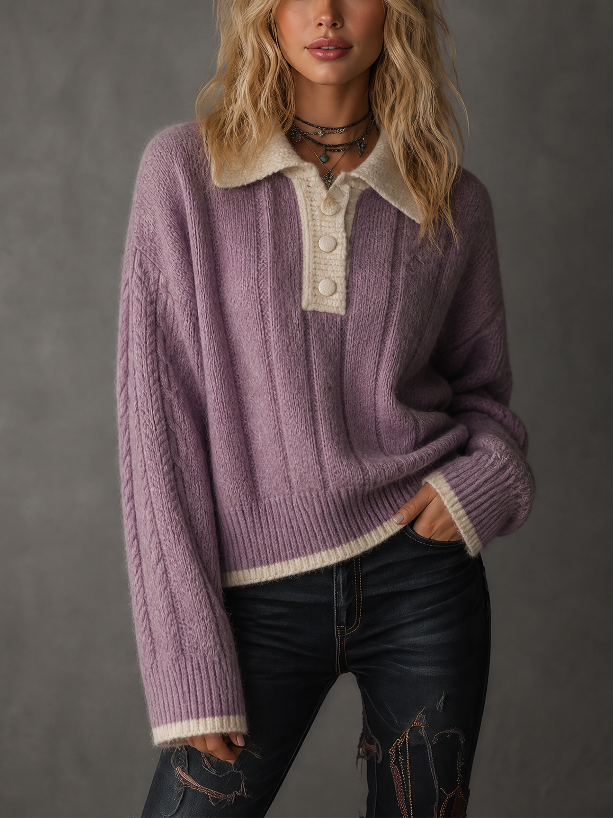 ElevenOra Chic Casual Lavender Lapel Collar Half Button Cream Contrast Trim Drop Shoulder Long Sleeve Loose-Fit Knit Sweater