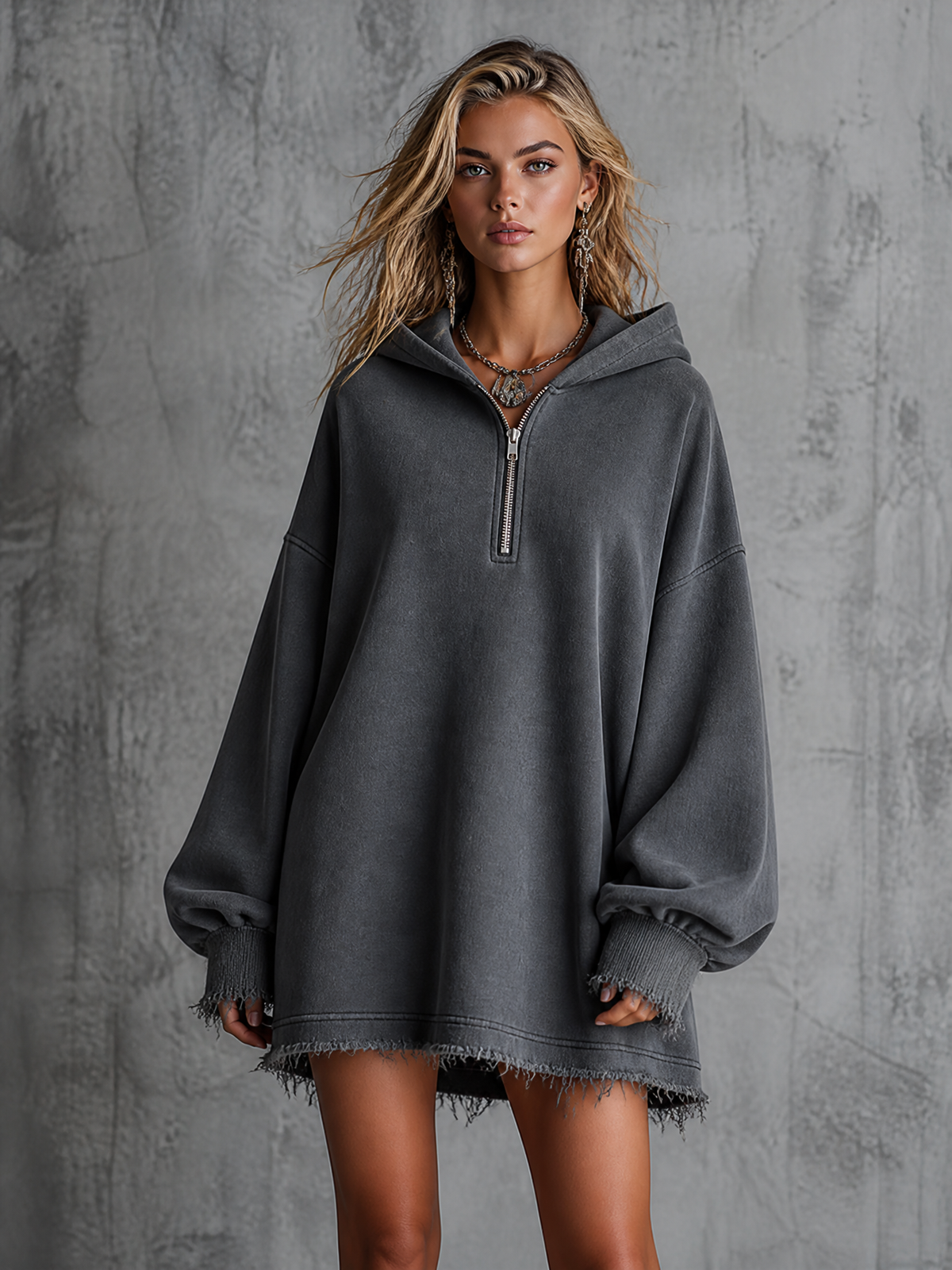 ElevenOra Chic Casual Charcoal Grey Hooded Half Zip Drop Shoulder Long-Sleeve Frayed Hem Loose-Fit French Terry Sweatshirt Mini Dress